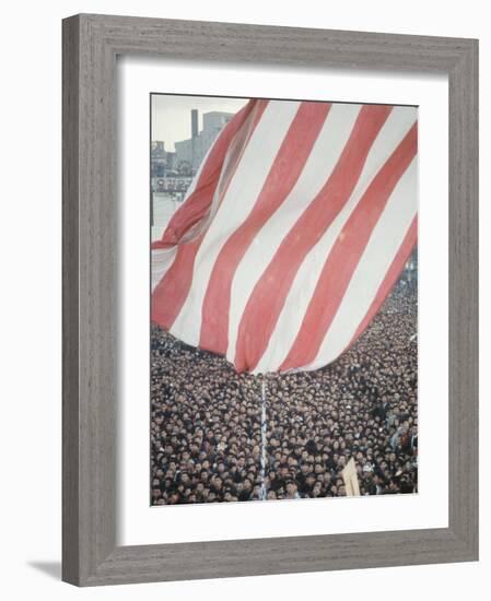 Giant American Flag Flying over a Large Crowd During President Johnson's Asia Tour-George Silk-Framed Photographic Print