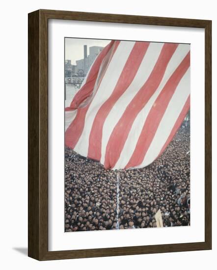 Giant American Flag Flying over a Large Crowd During President Johnson's Asia Tour-George Silk-Framed Photographic Print