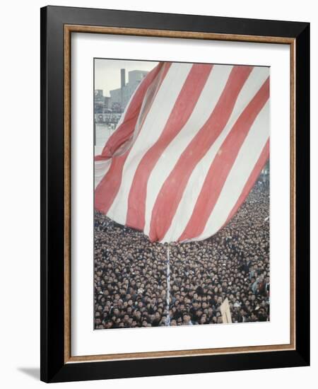 Giant American Flag Flying over a Large Crowd During President Johnson's Asia Tour-George Silk-Framed Photographic Print