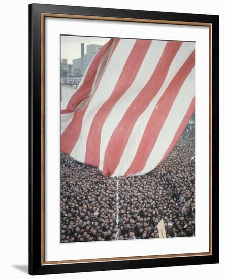 Giant American Flag Flying over a Large Crowd During President Johnson's Asia Tour-George Silk-Framed Photographic Print