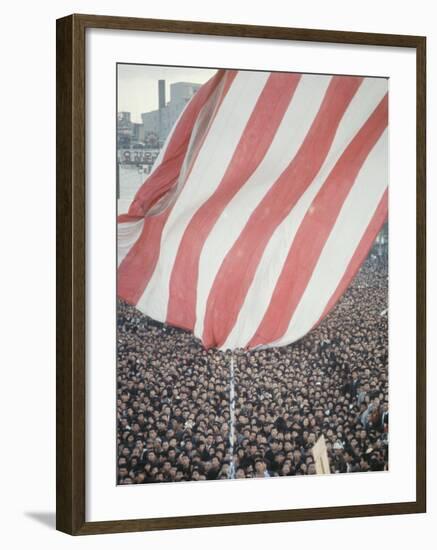 Giant American Flag Flying over a Large Crowd During President Johnson's Asia Tour-George Silk-Framed Photographic Print