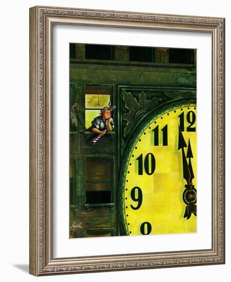 "Giant Clock on New Year's Eve," January 1, 1949-Constantin Alajalov-Framed Giclee Print