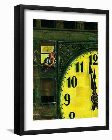 "Giant Clock on New Year's Eve," January 1, 1949-Constantin Alajalov-Framed Giclee Print