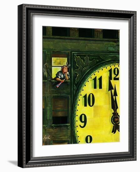 "Giant Clock on New Year's Eve," January 1, 1949-Constantin Alajalov-Framed Giclee Print