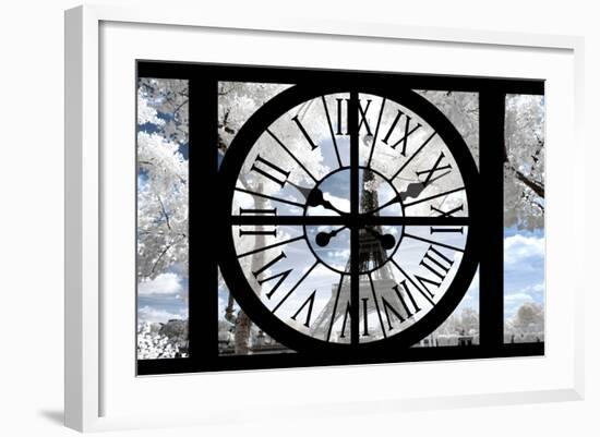 Giant Clock Window - View of the Eiffel Tower with White Trees III-Philippe Hugonnard-Framed Photographic Print