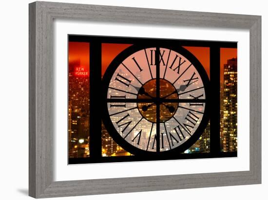 Giant Clock Window - View on the New York City with Red Foggy Night-Philippe Hugonnard-Framed Photographic Print