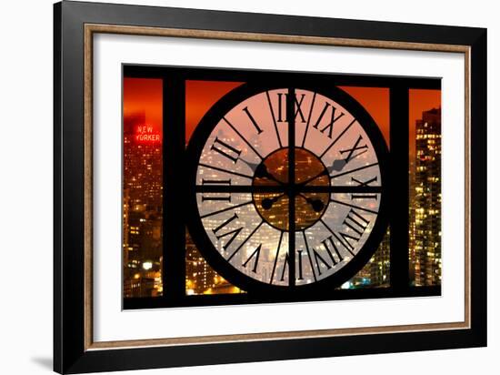 Giant Clock Window - View on the New York City with Red Foggy Night-Philippe Hugonnard-Framed Photographic Print