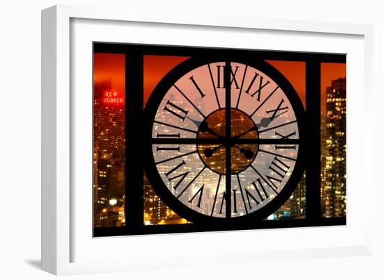 Giant Clock Window - View on the New York City with Red Foggy Night-Philippe Hugonnard-Framed Photographic Print