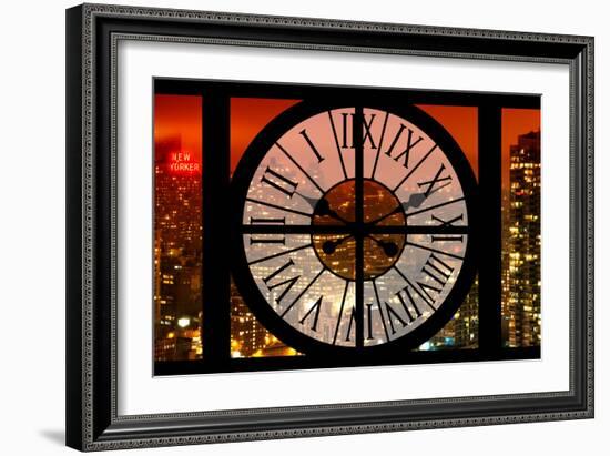 Giant Clock Window - View on the New York City with Red Foggy Night-Philippe Hugonnard-Framed Photographic Print