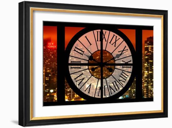 Giant Clock Window - View on the New York City with Red Foggy Night-Philippe Hugonnard-Framed Photographic Print