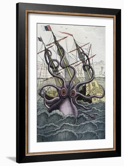 Giant Octopus (Kraken) Attacking a Ship - from Denys-Montfort in “Histoire Naturelle Des Mollusques-Unknown Artist-Framed Giclee Print