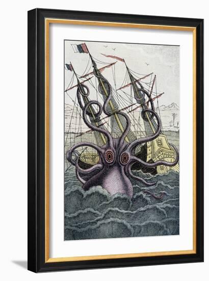 Giant Octopus (Kraken) Attacking a Ship - from Denys-Montfort in “Histoire Naturelle Des Mollusques-Unknown Artist-Framed Giclee Print