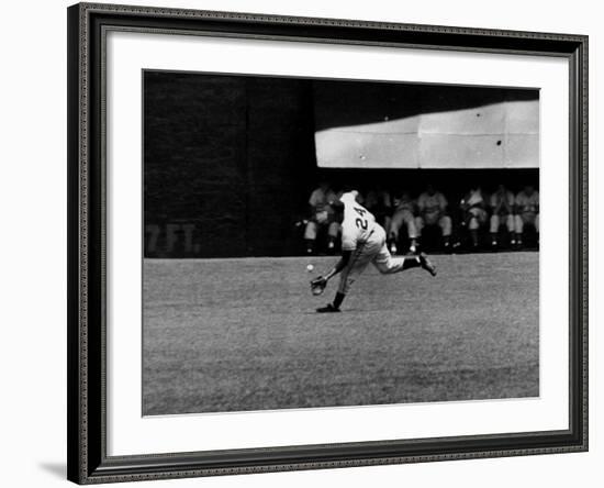 Giants Player, Willie Mays, Running to Catch Ball in Out Field-null-Framed Premium Photographic Print