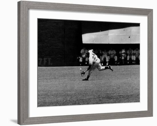 Giants Player, Willie Mays, Running to Catch Ball in Out Field-null-Framed Premium Photographic Print