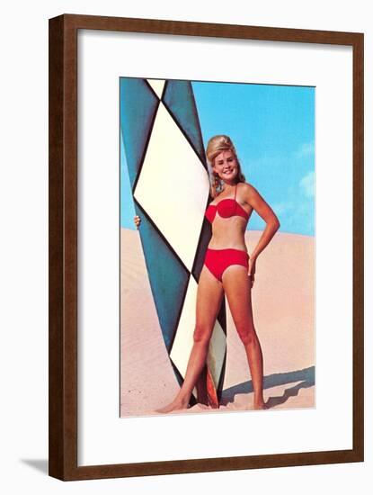 Gidget with Long Board, Retro-null-Framed Art Print