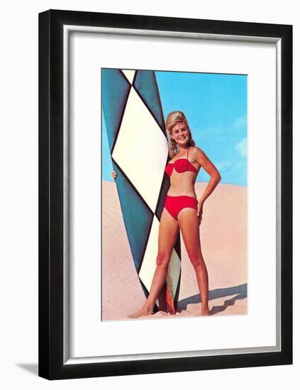 Gidget with Long Board, Retro-null-Framed Art Print