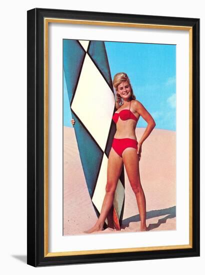 Gidget with Long Board, Retro-null-Framed Art Print