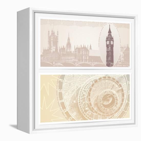 Gift Voucher (Coupon) Template with Guilloche Pattern (Watermarks) and Landmarks-Flame of life-Framed Stretched Canvas