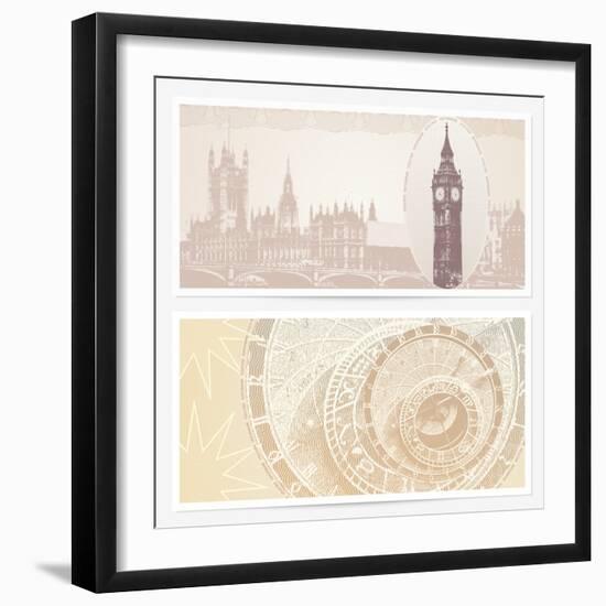 Gift Voucher (Coupon) Template with Guilloche Pattern (Watermarks) and Landmarks-Flame of life-Framed Art Print