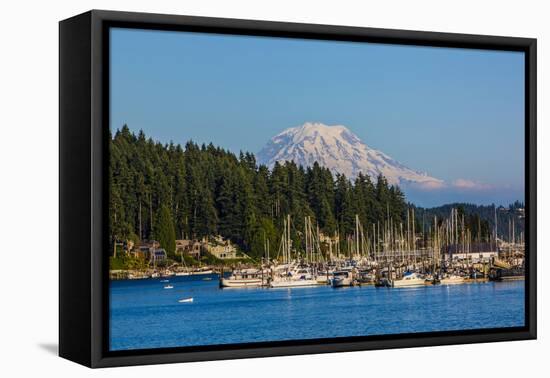 Gig Harbor, Washington State. Mount Rainier over Gig Harbor marina and boats-Jolly Sienda-Framed Premier Image Canvas