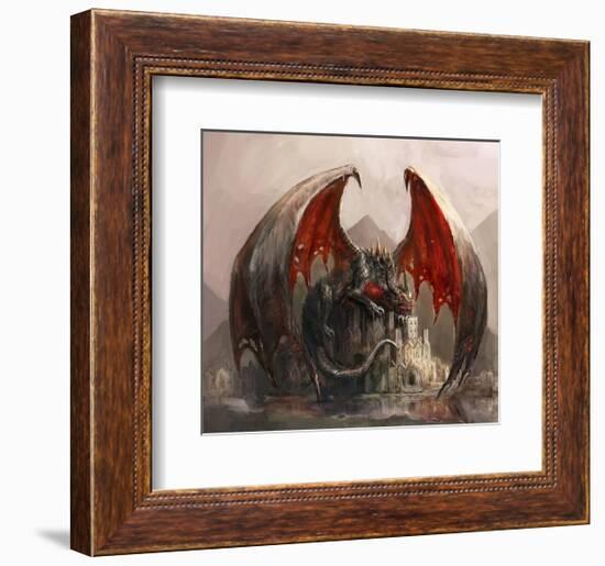 Gigantic Fire Dragon & Castle-null-Framed Art Print