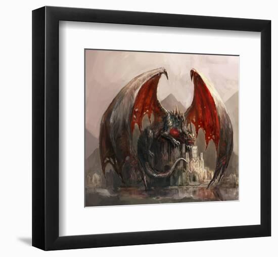 Gigantic Fire Dragon & Castle-null-Framed Art Print