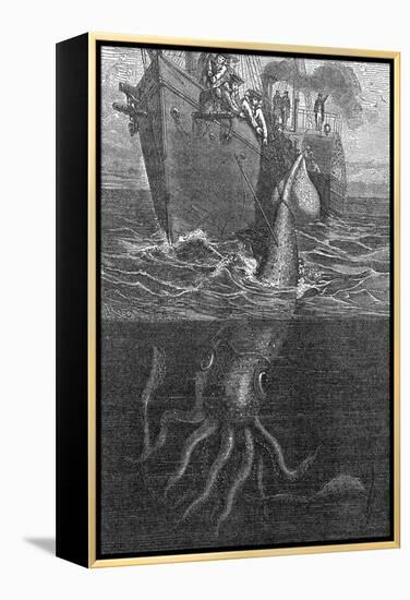 Gigantic Squid And Ship, 19th Century-Middle Temple Library-Framed Premier Image Canvas