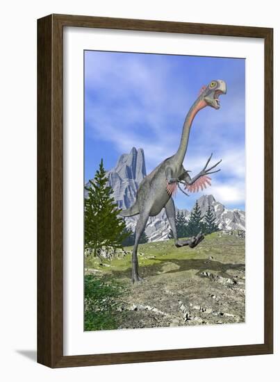 Gigantoraptor Dinosaur Running in the Mountains-null-Framed Art Print