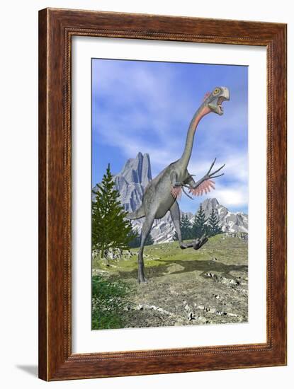 Gigantoraptor Dinosaur Running in the Mountains-null-Framed Art Print