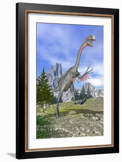 Gigantoraptor Dinosaur Running in the Mountains-null-Framed Art Print