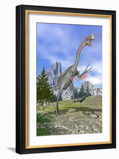 Gigantoraptor Dinosaur Running in the Mountains-null-Framed Art Print