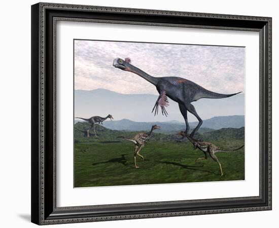 Gigantoraptor Surrounded by Small Mononykus Dinosaurs-Stocktrek Images-Framed Art Print