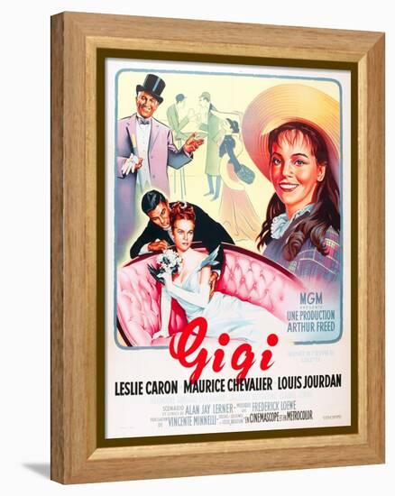 Gigi, Maurice Chevalier, Louis Jourdan, Leslie Caron on French poster art, 1958-null-Framed Stretched Canvas