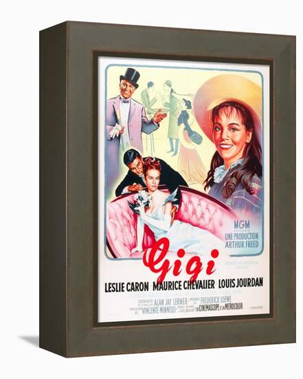 Gigi, Maurice Chevalier, Louis Jourdan, Leslie Caron on French poster art, 1958-null-Framed Stretched Canvas