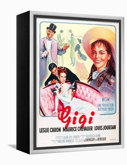 Gigi, Maurice Chevalier, Louis Jourdan, Leslie Caron on French poster art, 1958-null-Framed Stretched Canvas