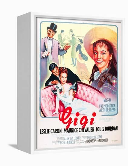 Gigi, Maurice Chevalier, Louis Jourdan, Leslie Caron on French poster art, 1958-null-Framed Stretched Canvas