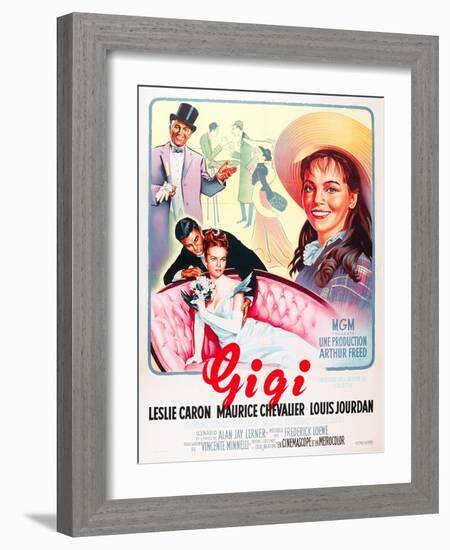 Gigi, Maurice Chevalier, Louis Jourdan, Leslie Caron on French poster art, 1958-null-Framed Art Print