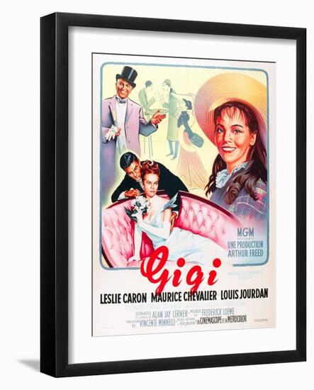 Gigi, Maurice Chevalier, Louis Jourdan, Leslie Caron on French poster art, 1958-null-Framed Art Print