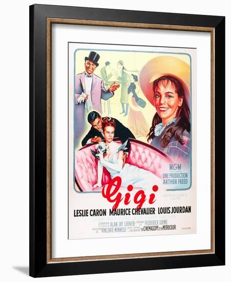 Gigi, Maurice Chevalier, Louis Jourdan, Leslie Caron on French poster art, 1958-null-Framed Art Print