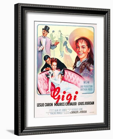 Gigi, Maurice Chevalier, Louis Jourdan, Leslie Caron on French poster art, 1958-null-Framed Art Print