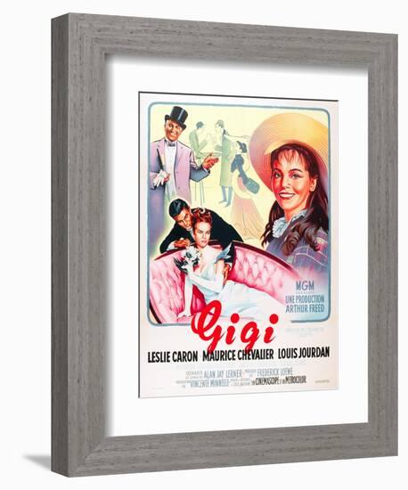 Gigi, Maurice Chevalier, Louis Jourdan, Leslie Caron on French poster art, 1958-null-Framed Art Print