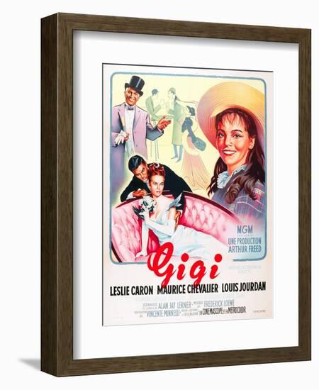 Gigi, Maurice Chevalier, Louis Jourdan, Leslie Caron on French poster art, 1958-null-Framed Art Print