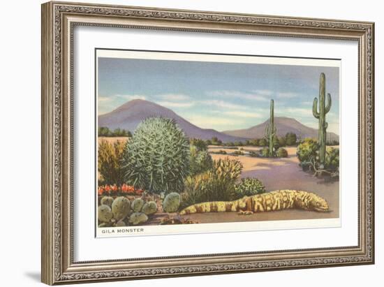 Gila Monster and Cacti-null-Framed Premium Giclee Print