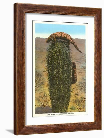 Gila Monsters on Barrel Cactus-null-Framed Art Print