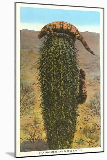 Gila Monsters on Barrel Cactus-null-Mounted Art Print