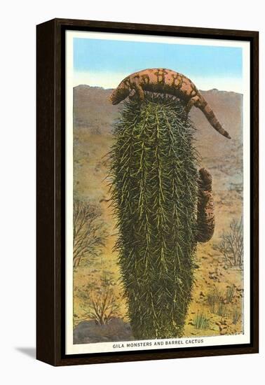 Gila Monsters on Barrel Cactus-null-Framed Stretched Canvas