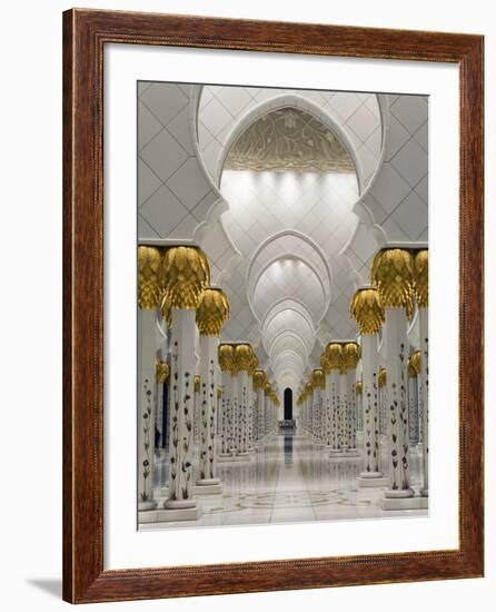 Gilded Columns Lead to the Main Prayer Hall of Sheikh Zayed Bin Sultan Al Nahyan Mosque, Abu Dhabi-null-Framed Photographic Print