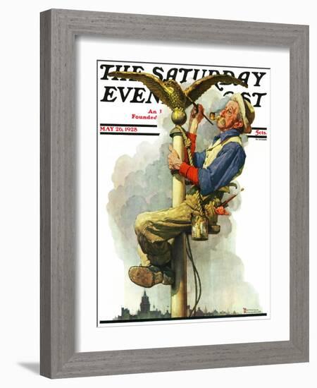 "Gilding the Eagle" or "Painting the Flagpole" Saturday Evening Post Cover, May 26,1928-Norman Rockwell-Framed Giclee Print