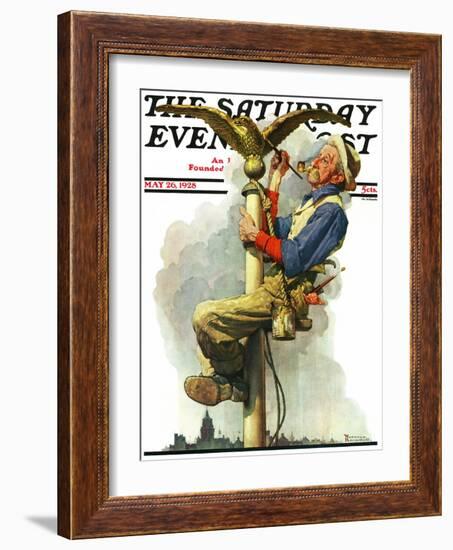 "Gilding the Eagle" or "Painting the Flagpole" Saturday Evening Post Cover, May 26,1928-Norman Rockwell-Framed Giclee Print