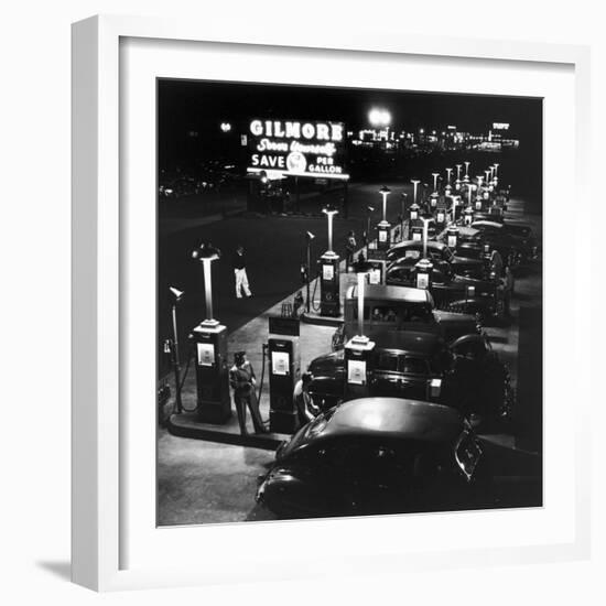 Gilmore Gas Station Featuring Eight Islands, Three Pumps Each, Girl Makes Change Every Two Islands-Allan Grant-Framed Photographic Print